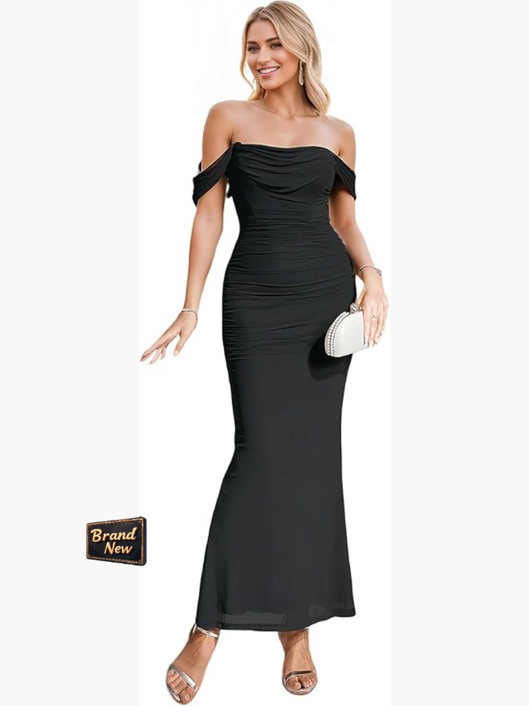 Off Shoulder Lace Maxi Dress Bodycon Mermaid Formal Wedding Cocktail Ruched
